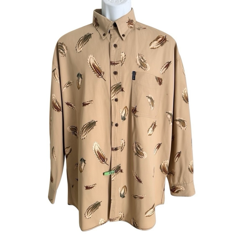 Ralph Lauren Chaps Mens Feather Print Button Shirt L Beige Coastal Resort Preppy